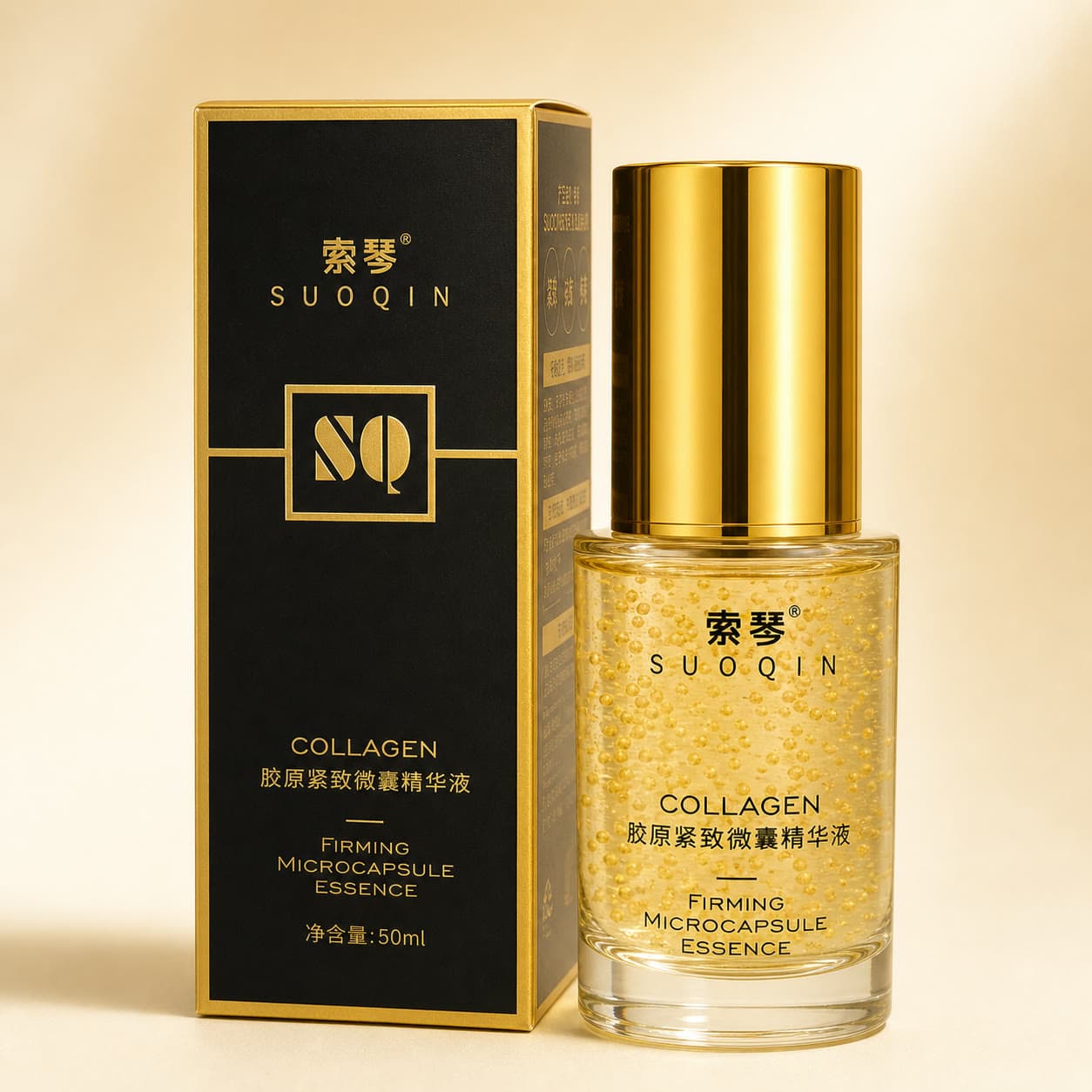 SUOQIN Collagen Firming Microcapsule Essence ເອສເຊນຄໍລາເຈນ SUOQIN ຂະໜາດ 50 ມລ. ເນື້ອເອສເຊນມີເມັດໄມໂຄແຄບຊູນ ຊ່ວຍເຕີມຄວາມຊຸ່ມຊື່ນ ຊ່ວຍໃຫ້ຜິວເບິ່ງກະຊັບ ລົດເລືອນລັກສະນະຮອຍຍ່າຍນ້ອຍ ແລະ ເບິ່ງກະຈ່າງໃສ ຕາມທີ່ລະບຸເທິງກ່ອງ · ໃຊ້ຫຼັງລ້າງໜ້າ ແລະ ໂທເນີ · ຜະລິດທີ່ ກວາງໂຈວ ປະເທດຈີນ